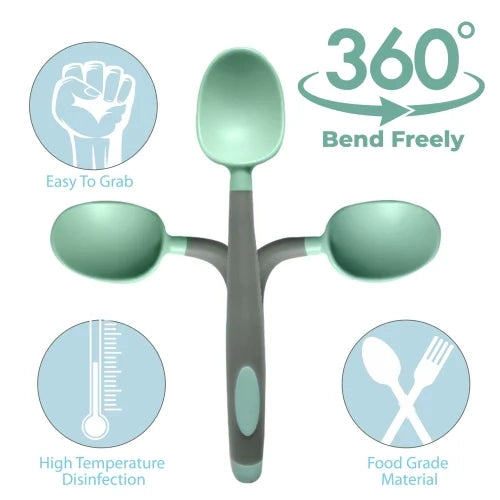 Green/Grey Spoon & Fork Set - Soft, Rounded Edges And An Easy-Grip Handle To Support Early Self-Feeding
