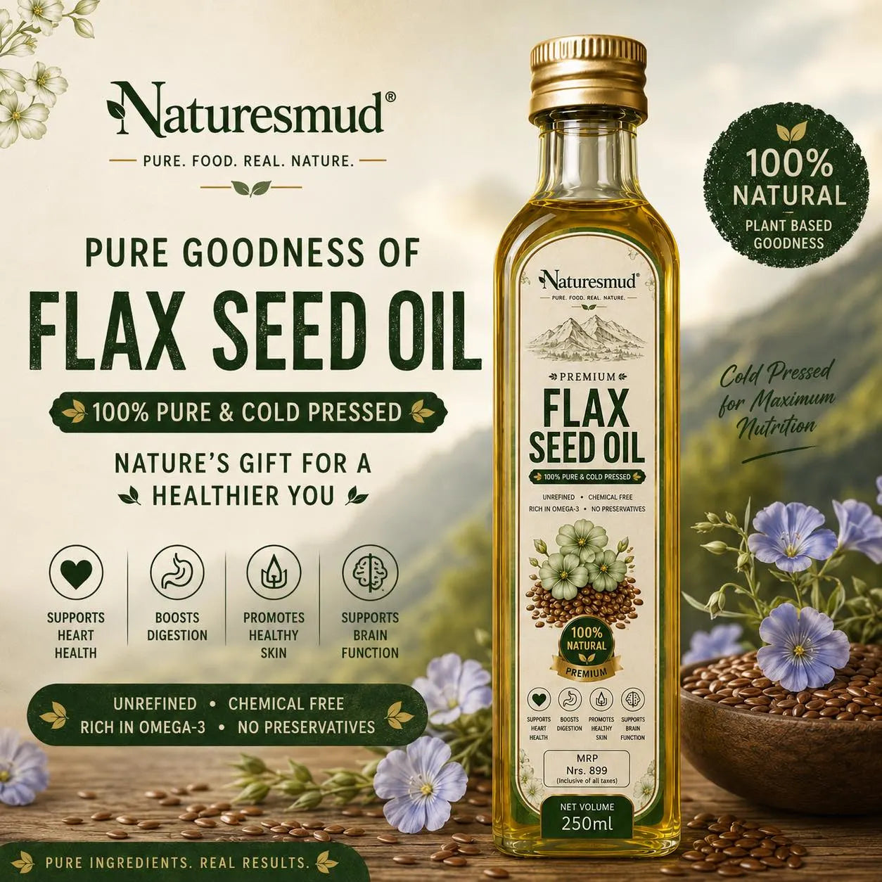 Premium Flax Seed Oil by Naturesmud - Cold Pressed and Organic