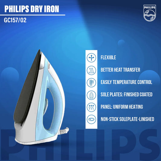 Philips Dry Iron - GC157/02 - Smooth Non-Stick Soleplate, 1000 W Fast Heat-Up, And An Ergonomic Handle