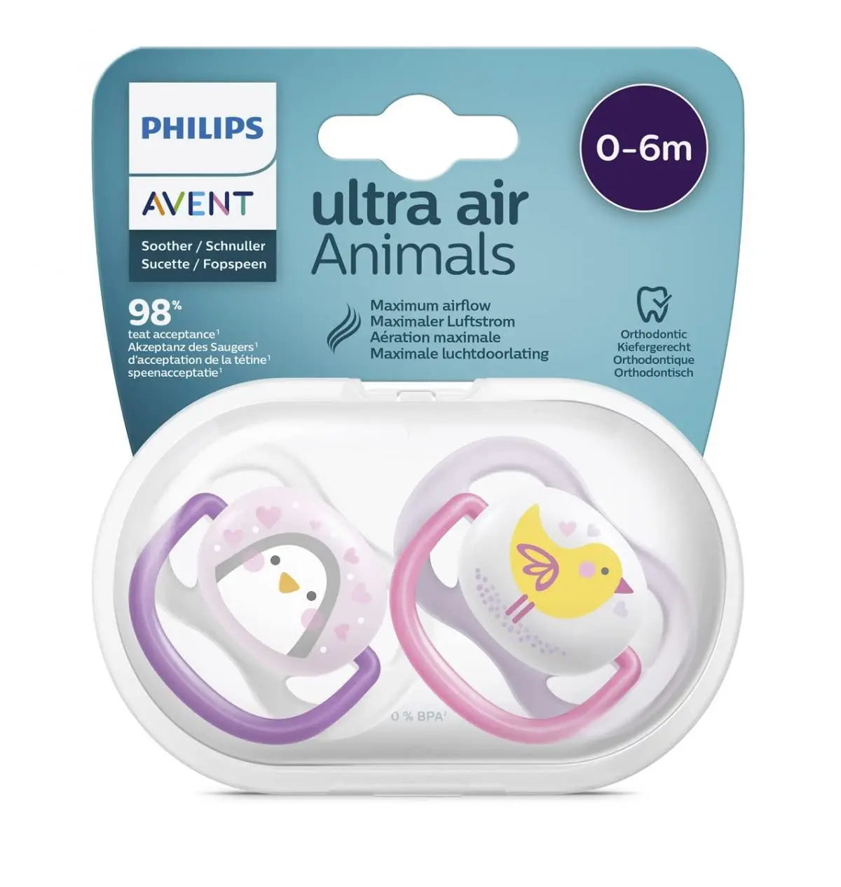 Philips Avent Soother Pacifier Air 0-6M Girl Penguin - SCF080/06 - Ultra-Lightweight Silicone Teat And A Cute Penguin-Themed Shield