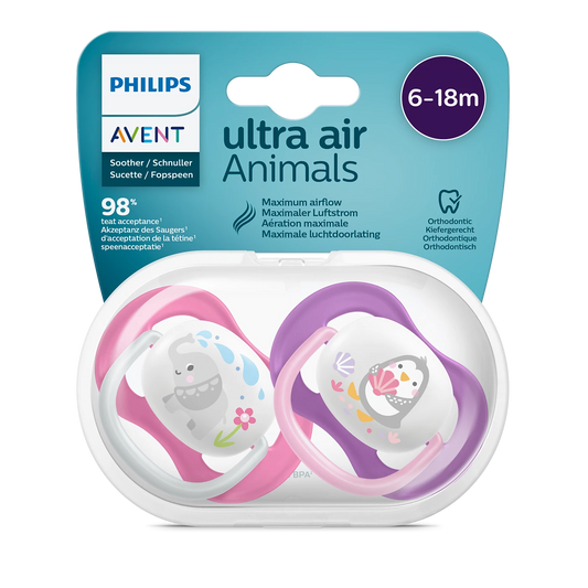 Philips Soother Avent Air 6-18M Girl Elephant - SCF080/08 Pacifier - Features a Larger Orthodontic Teat For Growing Mouth