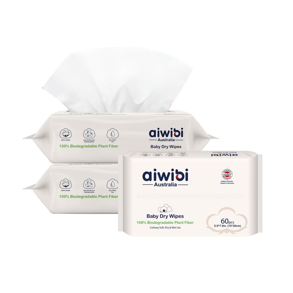 Aiwibi Dry Wipes - 60 pcs Per Pack - Pack Of 3 - Plant-Based, Biodegradable Wipes Designed For Newborns, Infants, And Sensitive Skin