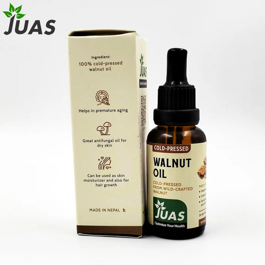 JUAS Walnut Oil - Pure Cold-Pressed Oil Made From High-Quality Walnut Kernels And Packaged In An Amber Glass Bottle With a Dropper