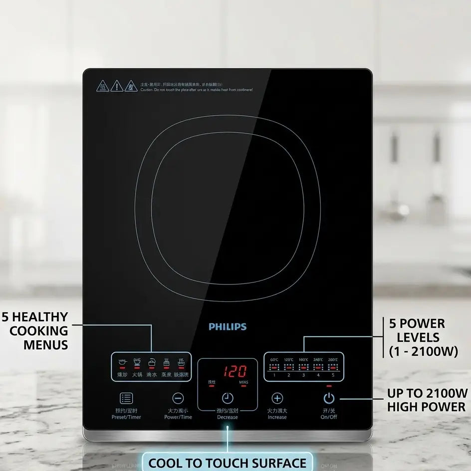 Philip Induction Cooker - HD4911/00 - A Straightforward Rotary Knob Controls 6 Power Settings, While 4 Quick‑Access Presets Get Dinner Started In Seconds