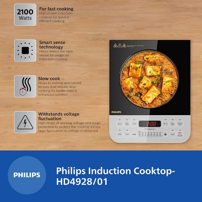 Philip Induction Cooker - HD4928/01 - 8 Cooking Functions And A Digital Timer Make Everyday Meals Quicker And Cleaner Than Ever
