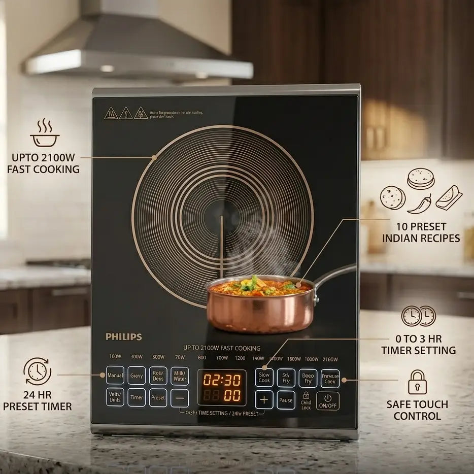 Philip Induction Cooker - HD4938/01 - Advanced Touch Controls, 2100 W Power And A Keep‑Warm Function Make It A Stylish And Practical Addition To Any Kitchen