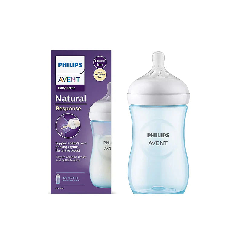 Philips Avent Bottle Nat 3.0 9oz Blue 1P - SCY903/21 - Breast-Shaped Teat, Anti-Colic Valve, And A Soft Blue Design. A Colourful Choice For Feeding Time