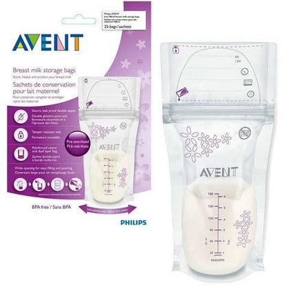 Philips Avent Breast Milk Bags 25pcs - SCF603/25 - With A Self-Standing Base And Easy-Pour Design, Storing And Transferring Expressed Milk Is Clean, Safe, And Convenient