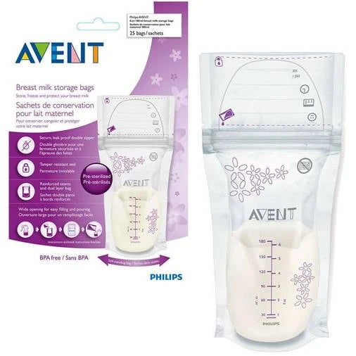 Philips Avent Breast Milk Bags 25pcs - SCF603/25 - With A Self-Standing Base And Easy-Pour Design, Storing And Transferring Expressed Milk Is Clean, Safe, And Convenient