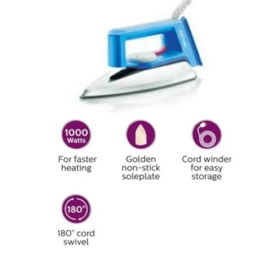 Philips Dry Iron - HD1182/28 - Distinctive Golden Non-Stick Soleplate That Glides Smoothly And Resists Scratches. With 1000 W Power And A Lightweight Design
