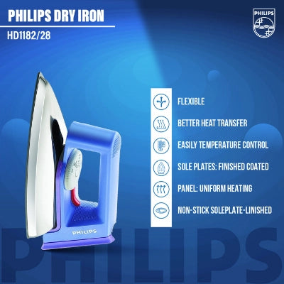 Philips Dry Iron - HD1182/28 - Distinctive Golden Non-Stick Soleplate That Glides Smoothly And Resists Scratches. With 1000 W Power And A Lightweight Design