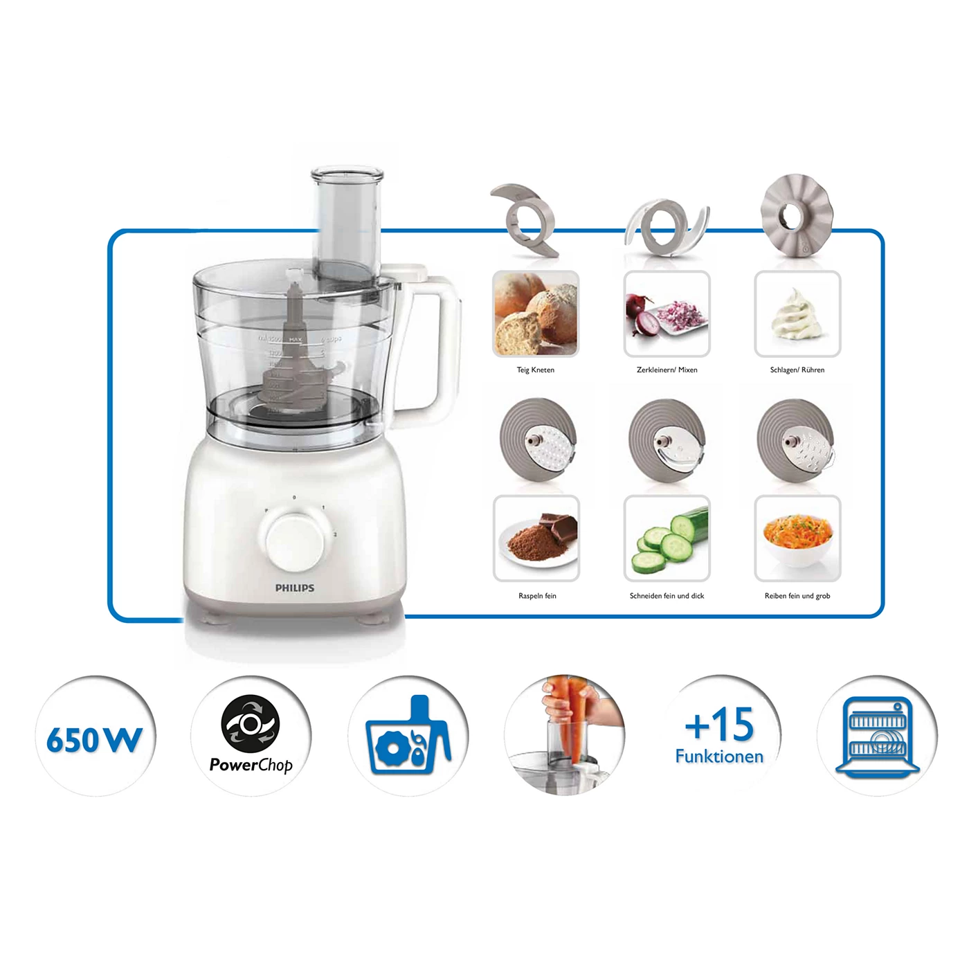 Philips Food Processor / Prep - HR7627/00 - With A 2.1 L Processing Bowl, Stainless Steel Discs, And Kneading Tool, It Covers Chopping, Slicing, Shredding, Blending, And Dough Making