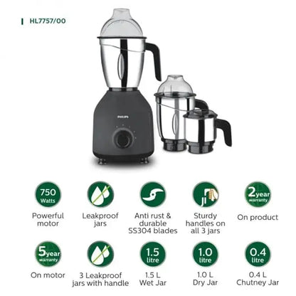 Philips Mixer Grinder - HL7757/00 - Three Stainless Steel Jars For Wet Grinding, Dry Grinding, And Chutney Making