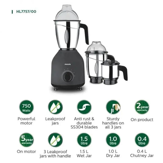 Philips Mixer Grinder - HL7757/00 - Three Stainless Steel Jars For Wet Grinding, Dry Grinding, And Chutney Making