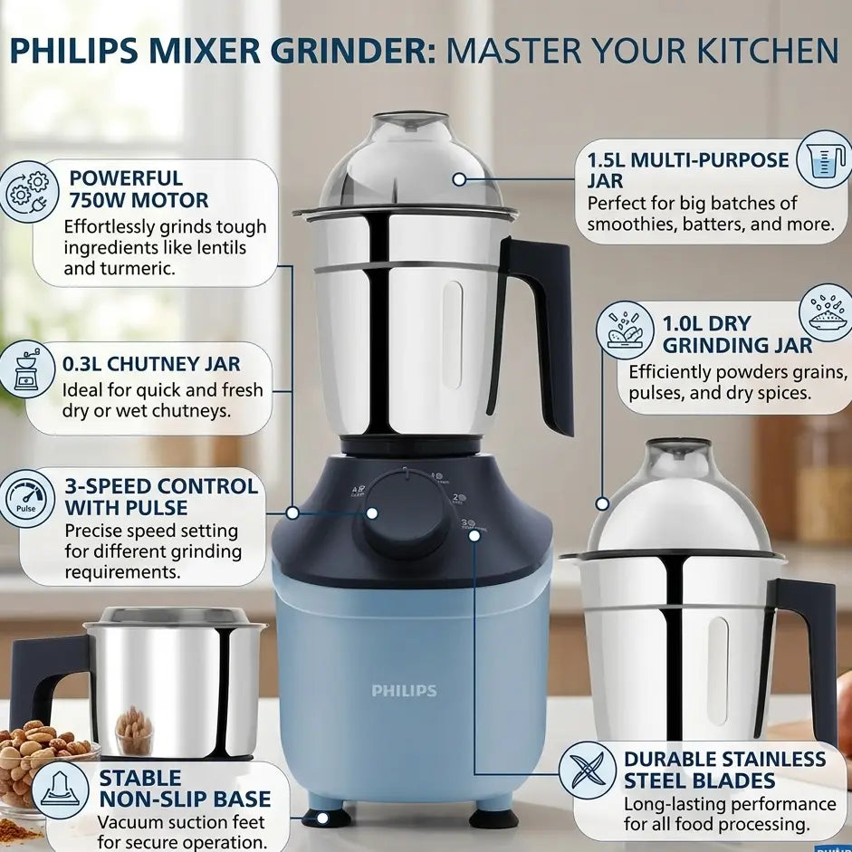 Philips Mixer Grinder - HL7773/01 - Large Stainless Steel Jars, Intelligent Speed Control, And Durable Triple Bearing Construction