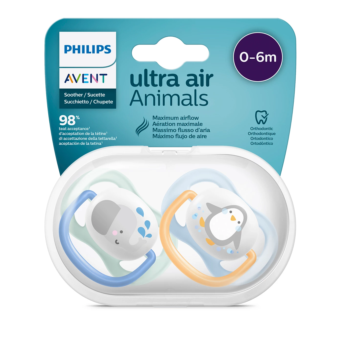 Philips Avent Soother Pacifier Air 0-6M Boy Elephant - SCF080/05 - Ultra-Lightweight Silicone Teat And A Cute Elephant-Themed Shield