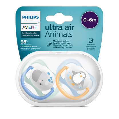 Philips Avent Soother Pacifier Air 0-6M Boy Elephant - SCF080/05 - Ultra-Lightweight Silicone Teat And A Cute Elephant-Themed Shield