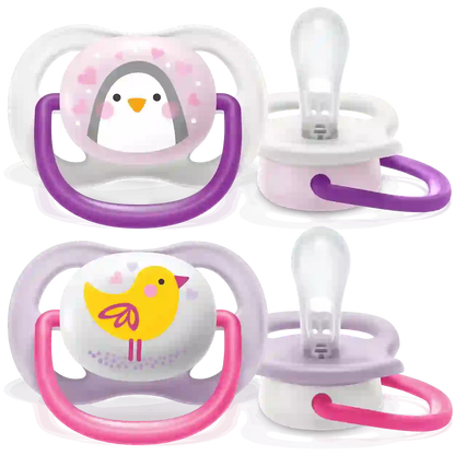 Philips Avent Soother Pacifier Air 0-6M Girl Penguin - SCF080/06 - Ultra-Lightweight Silicone Teat And A Cute Penguin-Themed Shield