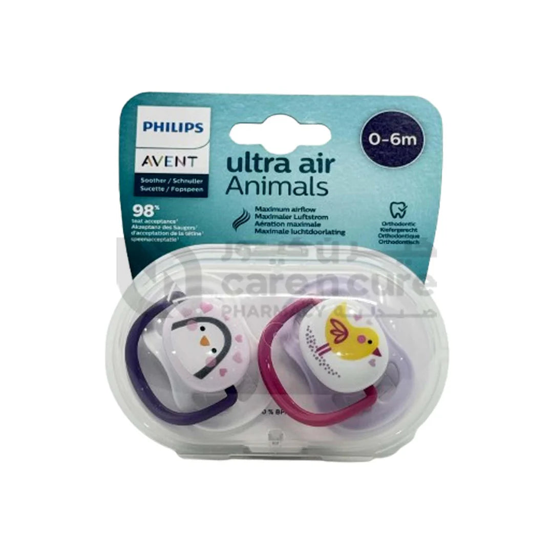 Philips Avent Soother Pacifier Air 0-6M Girl Penguin - SCF080/06 - Ultra-Lightweight Silicone Teat And A Cute Penguin-Themed Shield