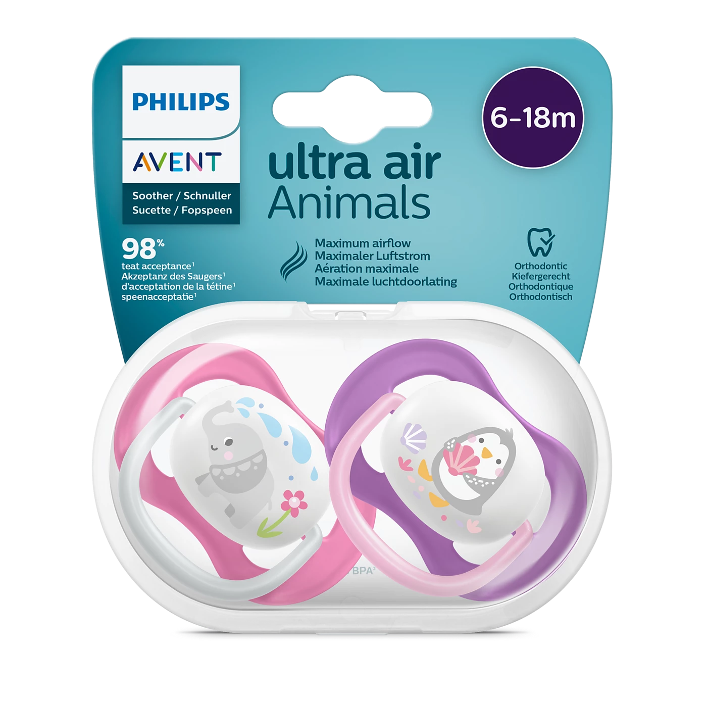 Philips Soother Avent Air 6-18M Girl Elephant - SCF080/08 Pacifier - Features a Larger Orthodontic Teat For Growing Mouth