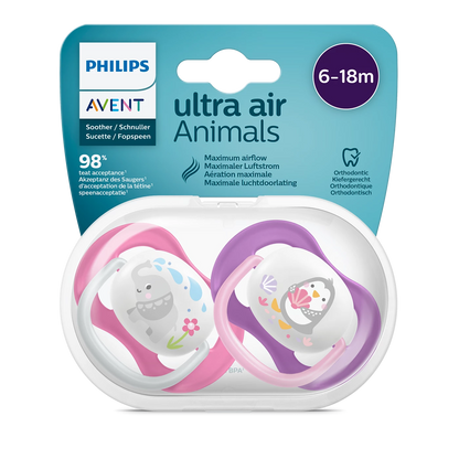 Philips Soother Avent Air 6-18M Girl Elephant - SCF080/08 Pacifier - Features a Larger Orthodontic Teat For Growing Mouth