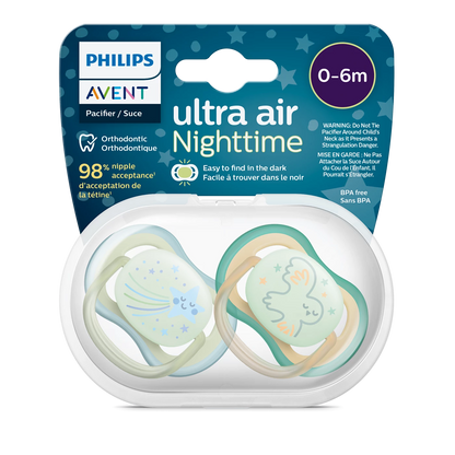 Philips Avent Soother Pacifier Air Nighttime 0-6M - Nighttime Features A Glow-In-The-Dark Shield, Ultra-Light Silicone Teat