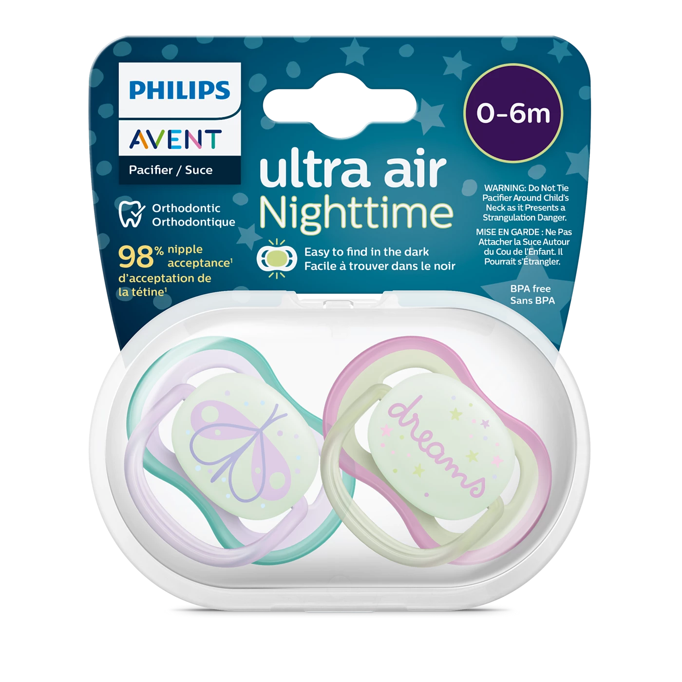 Philips Avent Soother Pacifier Air Nighttime 0-6M - Nighttime Features A Glow-In-The-Dark Shield, Ultra-Light Silicone Teat