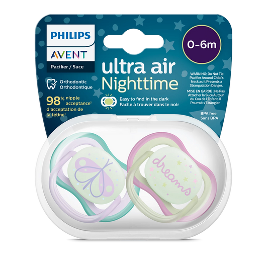 Philips Avent Soother Pacifier Air Nighttime 0-6M - Nighttime Features A Glow-In-The-Dark Shield, Ultra-Light Silicone Teat