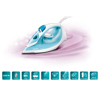 Philips Steam Iron - GC1028/20 - Features a 2200 W Motor, SteamGlide Advanced Soleplate, And a 300 ml Water Tank. With 30 g/min Continuous Steam And a 100 g Steam Boost